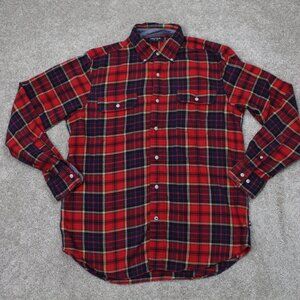 Nautica Flannel Shirt Mens Medium Red/Blue Plaid 100% Cotton Long Sleeve Button